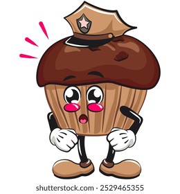 muffin de chocolate de desenho animado kawaii com mascote de personagem de chip de chocolate ilustração vetor isolado como um policial, trabalho de mão desenhada