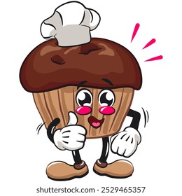 kawaii cartoon chocolate muffin with chocolate chip character mascot isolated vector illustration as chef give thumbs u, work of hand drawn