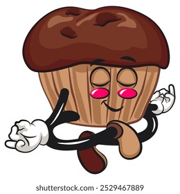 kawaii cartoon chocolate muffin with chocolate chip character mascot isolated vector illustration was cross-legged and meditating, work of hand drawn