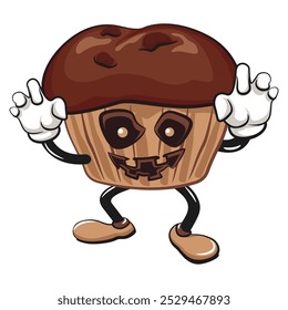 kawaii cartoon chocolate muffin with chocolate chip character mascot isolated vector illustration become a scary halloween character, work of hand drawn