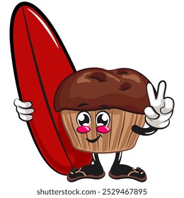 muffin de chocolate de desenho animado kawaii com mascote de personagem de chip de chocolate ilustração vetor isolado com prancha de surfe, trabalho de mão desenhada