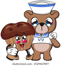 Kawaii Cartoon Schokolade Muffin mit Schokolade Chip Charakter Maskottchen einzelne Vektorgrafik mit Seemann Bär Puppen, handgezeichnet