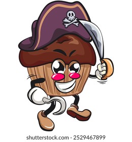 kawaii cartoon chocolate muffin with chocolate chip character mascot isolated vector illustration as pirate with dagger, work of hand drawn