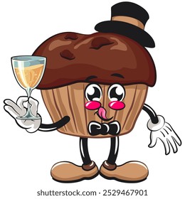 kawaii cartoon chocolate muffin with chocolate chip character mascot isolated vector illustration wearing a hat and bow tie raising a wine glass, work of hand drawn