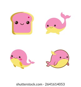Kawaii cartoon collection featuring adorable food items and sweet animal characters Line Art Vector illustration