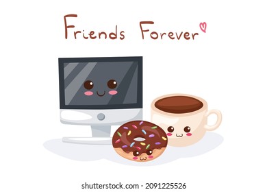 Kawaii cartoon computer, chocolate donut and coffee characters with funny face. Cute happy workplace vector illustration isolated on white. Office decoration, t-shirt print, card concept. Smiling food