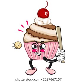 kawaii cartoon cupcake with cherry on top character mascot isolated vector illustration ready to hit with a baseball ball, work of hand drawn