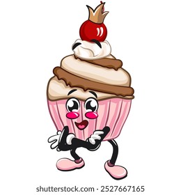 kawaii cartoon cupcake with cherry on top character mascot isolated vector illustration crowned like a king while folding his arms calmly, work of hand drawn