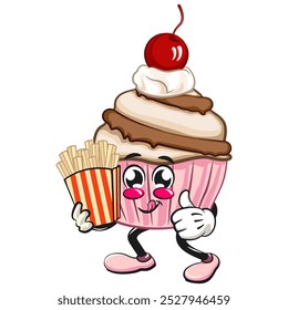 kawaii cartoon cupcake with cherry on top character mascot isolated vector illustration brought a box of french fries, the concept of birthday, work of hand drawn