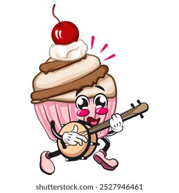 Cupcake de dibujos animados de Kawaii con cereza en la mascota del personaje superior Ilustración vectorial aislada tocando el instrumento musical banjo, trabajo de dibujado a mano