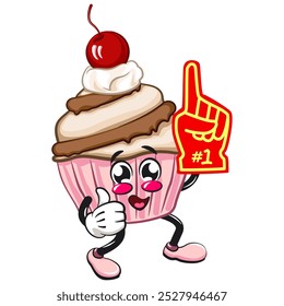 kawaii cartoon cupcake with cherry on top character mascot isolated vector illustration raise foam finger, work of hand drawn