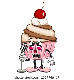 kawaii cartoon cupcake with cherry on top character mascot isolated vector illustration in front of the mic become a stand up comedian, the concept of birthday, work of hand drawn