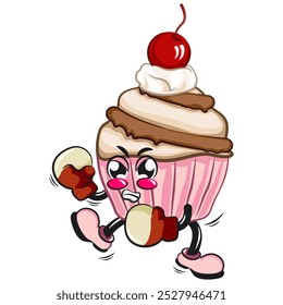 kawaii cartoon cupcake com cereja em cima personagem mascote ilustração vetor isolado praticando boxe usando luva de boxe, trabalho de mão desenhada