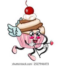 kawaii cartoon cupcake with cherry on top character mascot isolated vector illustration become a cupid with angel wings and the arrow of love, work of hand drawn