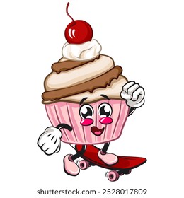 kawaii cartoon cupcake with cherry on top character mascot isolated vector illustration playing skateboarding, work of hand drawn