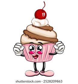 kawaii cartoon cupcake with cherry on top character mascot isolated vector illustration be healthy and strong enough to become a champion, work of hand drawn