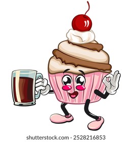 kawaii cartoon cupcake with cherry on top character mascot isolated vector illustration carrying a large glass of chocolate, work of hand drawn