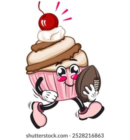 kawaii cartoon cupcake with cherry on top character mascot isolated vector illustration playing rugby and american football, work of hand drawn