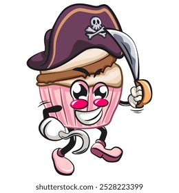 kawaii cartoon cupcake with cherry on top character mascot isolated vector illustration as pirate with dagger, work of hand drawn