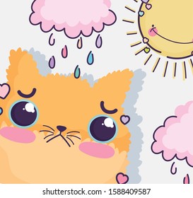 kawaii cartoon cute cat in the rainy day. vector illustration.