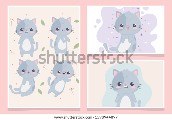 Kawaii Cartoon Susse Katzen Charaktere Gesichter Banner Stock Vektorgrafik Lizenzfrei