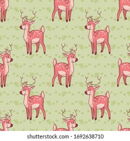 Kawaii cartoon deer with flower crown seamless pattern. Cute girly doe animal flat color background. Childish hand drawn doodle style. For baby nursery decor, boho kids fashion, woodland swatch.