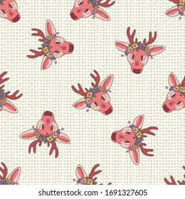 Kawaii cartoon deer head flower crown seamless pattern. Cute girly doe animal color background. Childish hand drawn doodle style. For baby nursery decor, boho kids fashion, woodland textile swatch.