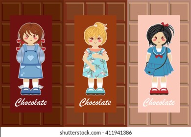 Kawaii cartoon design for different chocolate bar: box, logo, emblem, packaging, wrapping. Girls for different taste: bittersweet, dark, milk and white chocolate Braids, blonde, black haired girls 
