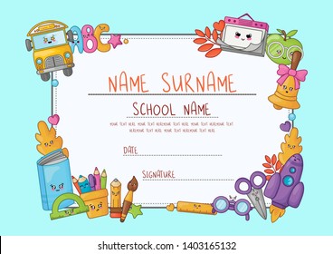 Diploma de dibujos animados de Kawaii para la escuela primaria. Plantilla con marco de material escolar bonito - caracteres u objetos y símbolos en fondo azul - Ilustración plana vectorial