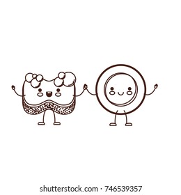 kawaii cartoon dish and sponge holding hands in brown silhouette vector illustration