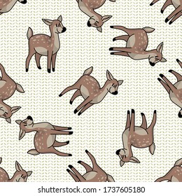 Kawaii cartoon doe seamless pattern. Cute doe animal flat color background. Childish hand drawn doodle style. For baby nursery decor, boho kids fashion, woodland swatch.