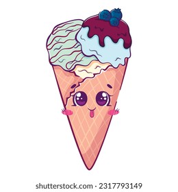 Kawaii cartoon doodle ice cream in a waffle cone with blueberries. Pastel colors, cute sweet food vector illustration.