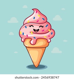 Kawaii cartoon doodle ice cream in waffle cone with face. Funny refreshment snack