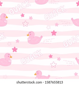 kawaii cartoon drawing cute ducks on pink background with stars seamless pattern, funny doodle elements editable vector illustration for kids decoration, fabric, textile, print