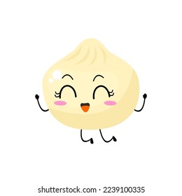 Kawaii cartoon dumpling icon. Character of dumpling. Xiaolongbao. chibi. Illustration emoji dumpling man in flat style. jump, happy, cheerfull