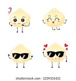 Kawaii cartoon dumpling icon. Character of dumpling. Xiaolongbao. chibi. Illustration emoji dumpling man in flat style.  funny collection. set of various expression