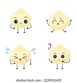 Kawaii cartoon dumpling icon. Character of dumpling. Xiaolongbao. chibi. Illustration emoji dumpling man in flat style. adorable collection. set of various expression