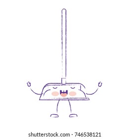 kawaii cartoon dustpan with wooden stick in purple blurred silhouette vector illustration