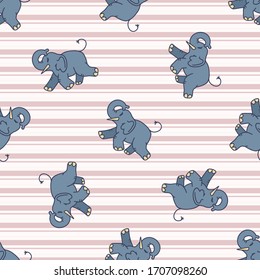 Kawaii cartoon Elephant seamless pattern. Cute safari animal background. Hand drawn kid motif illustration doodle in flat color on check backdrop. EPS 10.