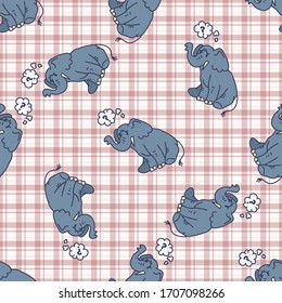 Kawaii cartoon Elephant seamless pattern. Cute safari animal background. Hand drawn kid motif illustration doodle in flat color on stripe backdrop. EPS 10.