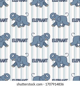 Kawaii cartoon Elephant with text seamless pattern. Cute safari animal background. Hand drawn kid motif illustration doodle in flat color on blue stripe backdrop. EPS 10.