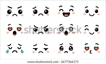 Kawaii cartoon emoji faces expressing various emotions. Cute flat vector emotions for social media, sticker, chat, application.