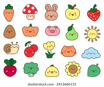 Kawaii cartoon farm characters. Cute animals, nature, vegetables, fruits, flowers. Hand drawn style. Vector drawing. Collection of design elements.