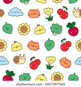 Kawaii cartoon farm characters. Seamless pattern. Cute animals, nature, vegetables, fruits, flowers. Hand drawn style. Vector drawing. Design ornaments.