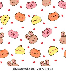 Kawaii cartoon farm characters. Seamless pattern. Cute animals, nature, vegetables, fruits, flowers. Hand drawn style. Vector drawing. Design ornaments.