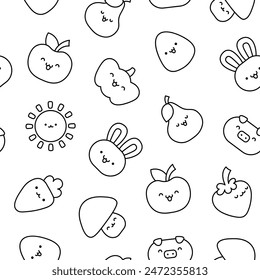 Kawaii cartoon farm characters. Seamless pattern. Coloring Page. Cute animals, nature, vegetables, fruits, flowers. Hand drawn style. Vector drawing. Design ornaments.