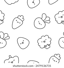Kawaii cartoon farm characters. Seamless pattern. Coloring Page. Cute animals, nature, vegetables, fruits, flowers. Hand drawn style. Vector drawing. Design ornaments.