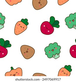 Kawaii cartoon farm characters. Seamless pattern. Cute animals, nature, vegetables, fruits, flowers. Hand drawn style. Vector drawing. Design ornaments.