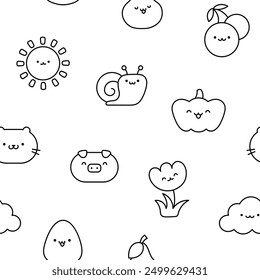 Kawaii cartoon farm characters. Seamless pattern. Coloring Page. Cute animals, nature, vegetables, fruits, flowers. Hand drawn style. Vector drawing. Design ornaments.