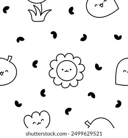 Kawaii cartoon farm characters. Seamless pattern. Coloring Page. Cute animals, nature, vegetables, fruits, flowers. Hand drawn style. Vector drawing. Design ornaments.